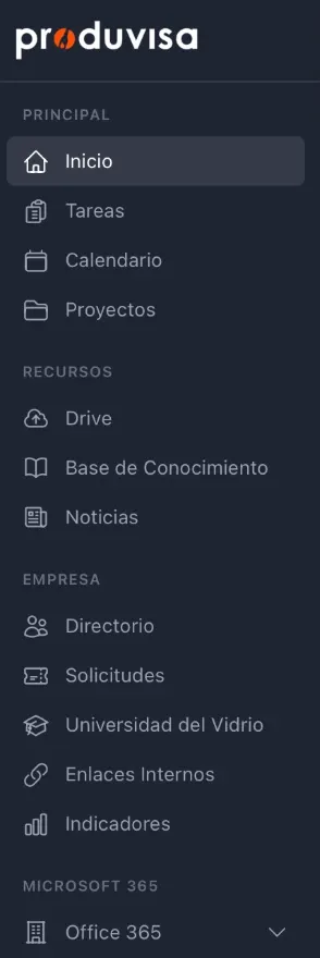 Produvisa: menú de la intranet corporativa